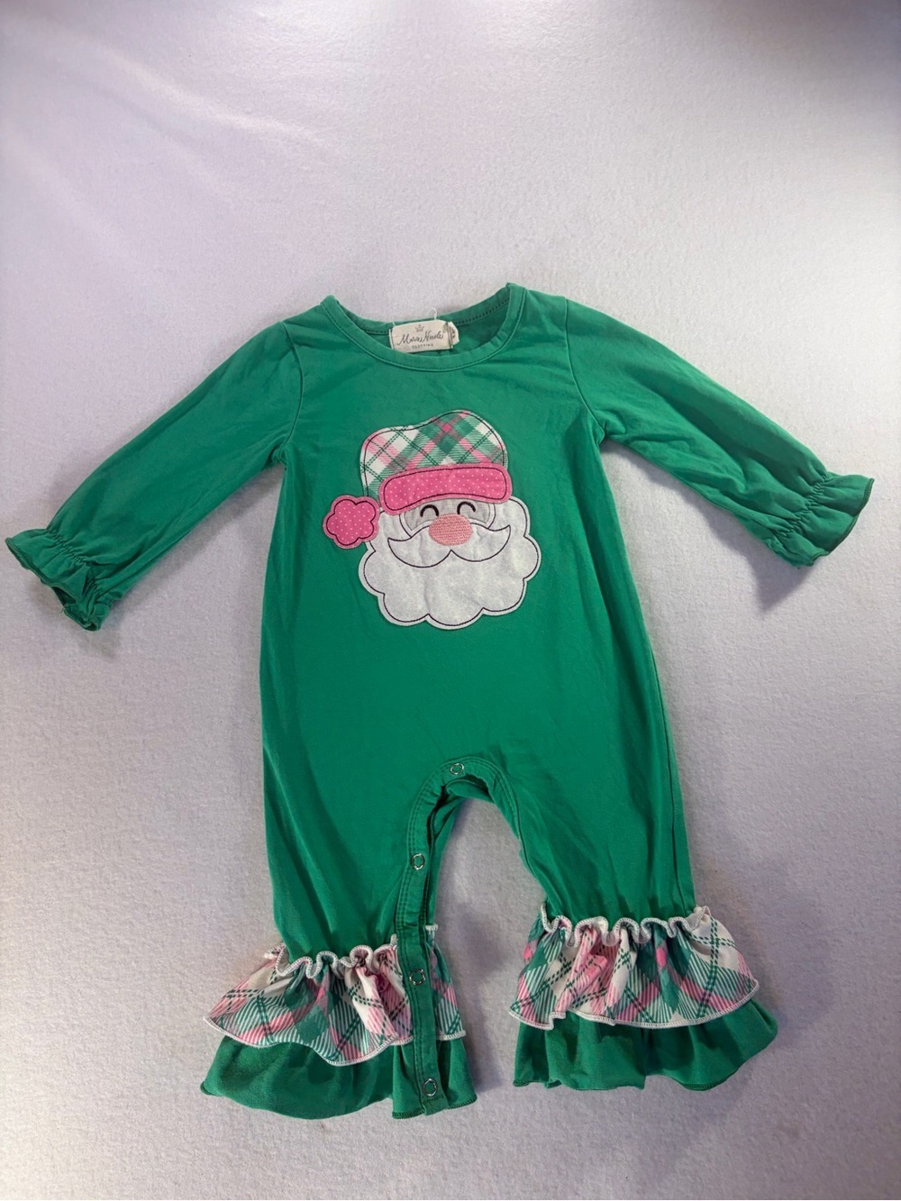 Marie Nicole Santa Applique Baby One-Piece Romper with Plaid Ruffle